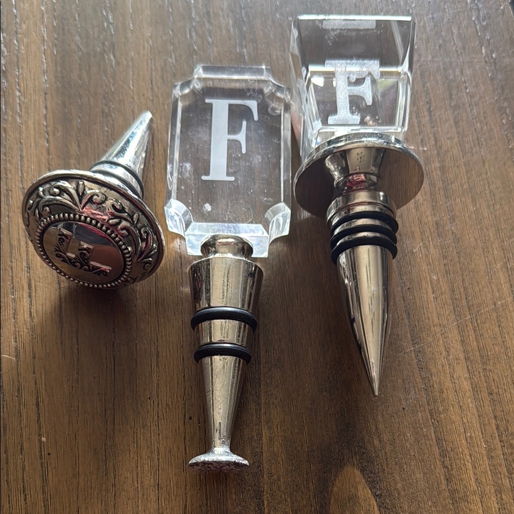 3 Silver Wine Bottle Stoppers with Initial F